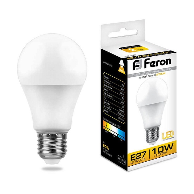 Лампа светодиодная Feron E27 10W 2700K Шар Матовая LB-92 25457 фото 