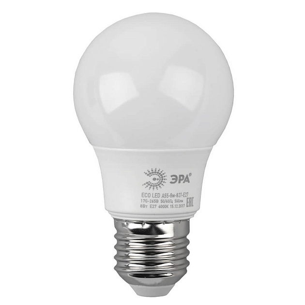 Лампа светодиодная ЭРА E27 8W 2700K матовая ECO LED A55-8W-827-E27 Б0032095 фото 