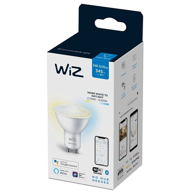 Лампа светодиодная диммируемая WiZ GU10 4,7W 2700-6500K прозрачная Wi-Fi BLE 50W GU10 927-65 TW 1PF/6 929002448302 фото 4