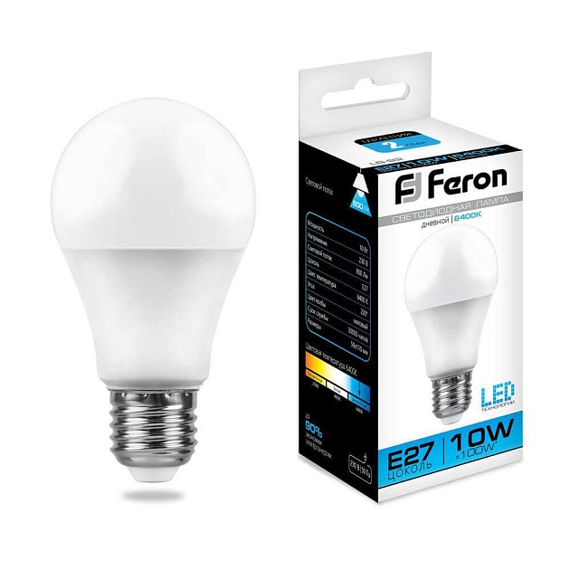 Лампа светодиодная Feron E27 10W 6400K Шар Матовая LB-92 Шар 25459 фото 