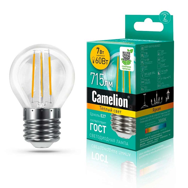 Лампа светодиодная Camelion E27 7W 3000K LED7-G45-FL/830/E27 13457 фото 