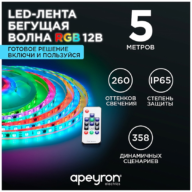 Светодиодная влагозащищенная лента Apeyron 14,4W/m 60Led/m 5050SMD разноцветная 5M 85ЦЛ фото 11