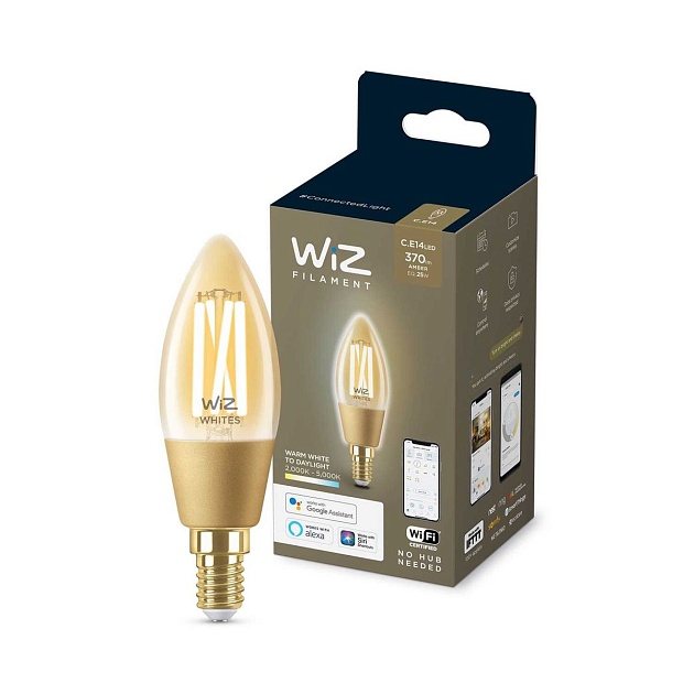 Лампа светодиодная филаментная диммируемая WiZ E14 4,9W 2700-6500K золото Wi-Fi BLE 25W C35E14920-50Amb1PF/6 929003017701 фото 