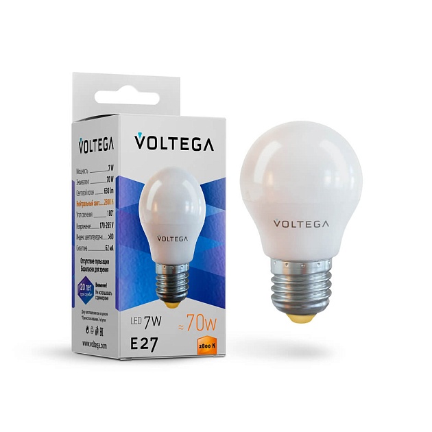 Лампа светодиодная Voltega E27 7W 2800К матовая VG2-G45E27warm7W 7052 фото 