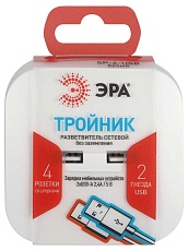 Разветвитель электрический ЭРА SP-4-USB-W на 4 розетки + 2xUSB 2400mA без заземления 10А белый Б0049532 3