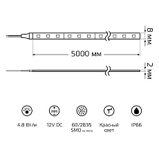 Светодиодная влагозащищенная лента Gauss 4,8W/m 60LED/m 2835SMD красный 5M 311000705 3