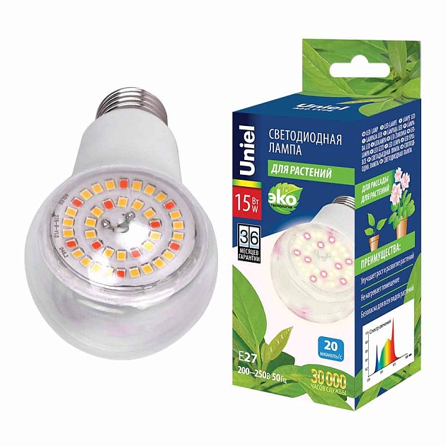 Лампа светодиодная для растений Uniel E27 15W прозрачная LED-A60-15W/SPFB/E27/CL PLP30WH UL-00007405 фото 