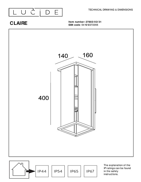 Уличный настенный светильник Lucide Claire 27883/02/31 изображение 2 Уличный настенный светильник Lucide Claire 27883/02/31 Фото № 2