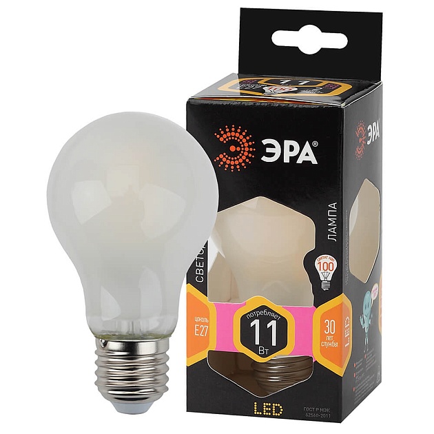 Лампа светодиодная филаментная ЭРА E27 11W 2700K матовая F-LED A60-11W-827-E27 frost Б0035035 фото 3