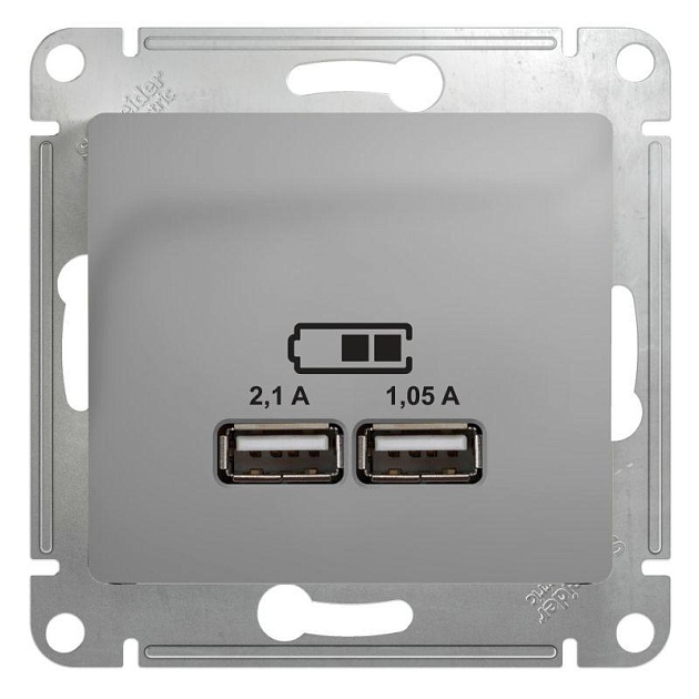 Розетка двойная USB Schneider Electric Glossa Type A+A алюминий GSL000333 фото 