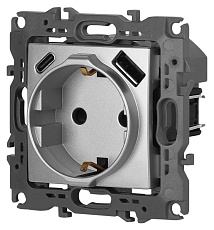 Розетка ЭРА Серия 12 12-4108-03 2P+E 16A-250В со шторками с USB type-A+C 5В-3А алюминий Б0067716 3