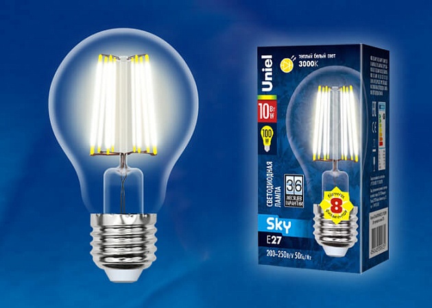 Лампа светодиодная филаментная Uniel E27 10W 3000K прозрачная LED-A60-10W/WW/E27/CL PLS02WH UL-00002625 фото 2