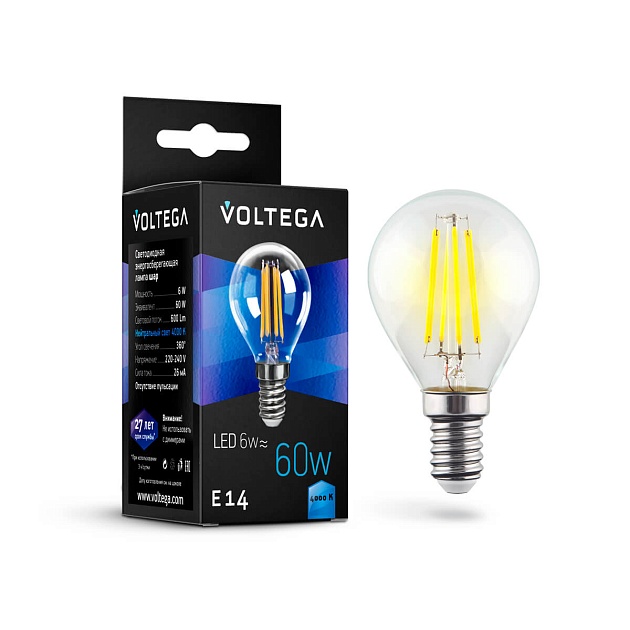 Лампа светодиодная филаментная Voltega E14 6W 4000К прозрачная VG10-G1E14cold6W-F 7022 фото 