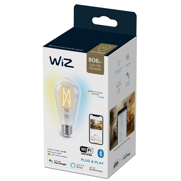 Лампа светодиодная филаментная диммируемая WiZ E27 7W 2700-6500K прозрачная Wi-Fi BLE60WST64E27927-65CL1PF/6 929003018601 фото 3
