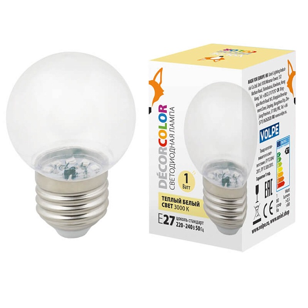Лампа декоративная светодиодная Volpe E27 1W 3000K прозрачная LED-G45-1W/3000K/E27/CL/С UL-00005807 фото 