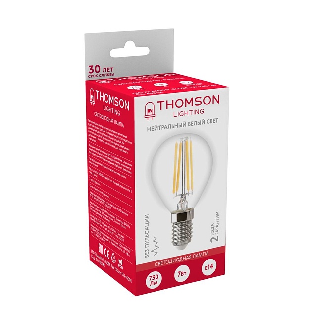 Лампа светодиодная филаментная Thomson E14 7W 4500K шар прозрачная TH-B2084 фото 4