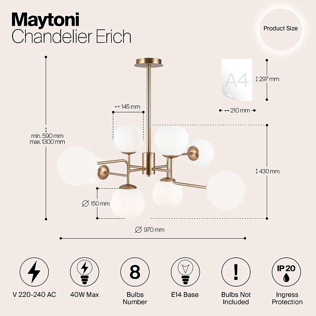 Подвесная люстра Maytoni Erich MOD221-PL-08-G Фото № 2