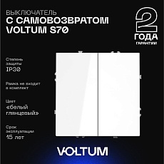 Выключатель с самовозвратом встраиваемый Voltum S70 двухклавишный 10А, (белый глянцевый) VLS020601