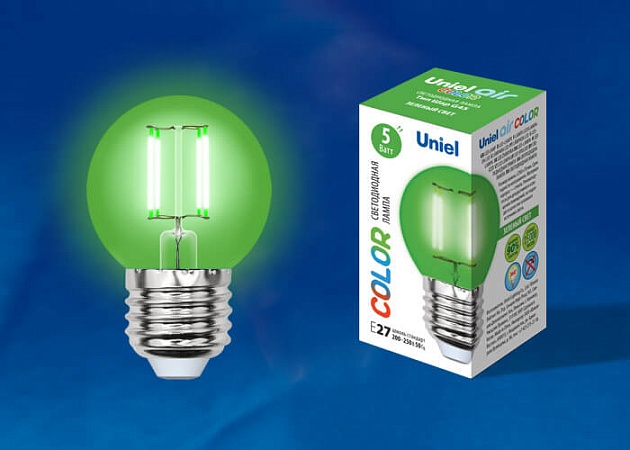 Лампа светодиодная филаментная Uniel E27 5W зеленая LED-G45-5W/GREEN/E27 GLA02GR UL-00002988 фото 2