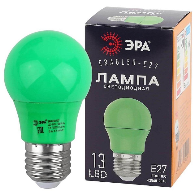 Лампа светодиодная ЭРА E27 3W 3000K зеленая ERAGL50-E27 Б0049579 фото 