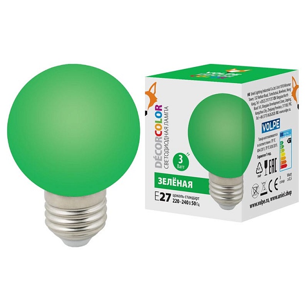 Лампа светодиодная Volpe E27 3W зеленая LED-G60-3W/Green/E27/FR/С UL-00006958 фото 