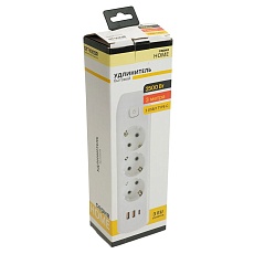 Удлинитель 3-местный c/з 3x1 мм2, 3 м, 250В, 10А, 2USB+1Type-C 2,4А, серия Home plus, белый STEKKER HM08-33-02 49977 2