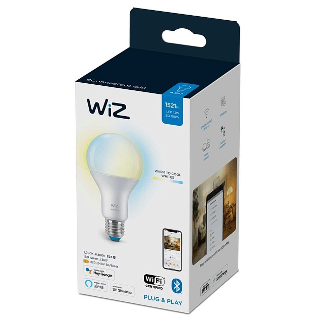 Лампа светодиодная диммируемая WiZ E27 13W 2700-6500K матовая Wi-Fi BLE100WA67E27927-65TW1PF/6 929002449602 фото 3