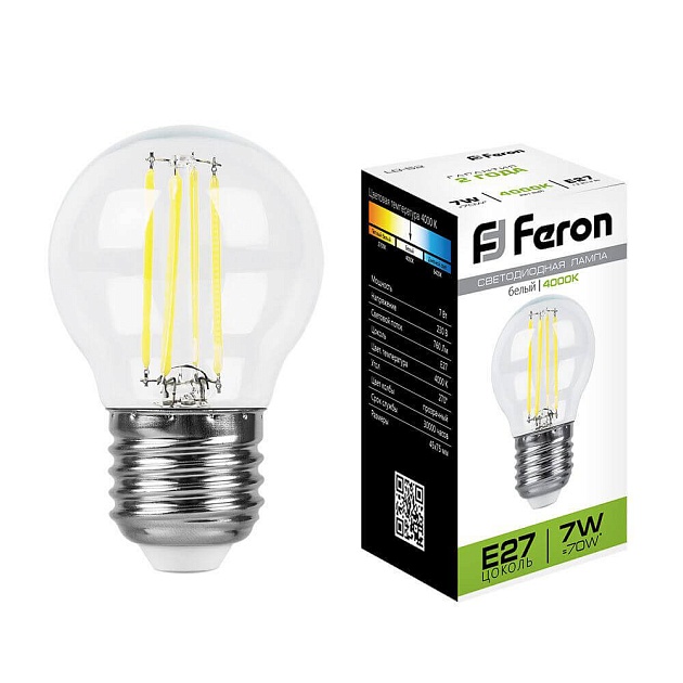 Лампа светодиодная филаментная Feron E27 7W 4000K Шар Прозрачная LB-52 25877 фото 