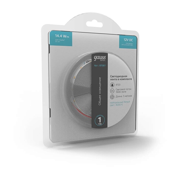 Светодиодная лента Gauss 14,4W/m 240LED/m 2835SMD нейтральный белый 5M BT087 Фото № 5