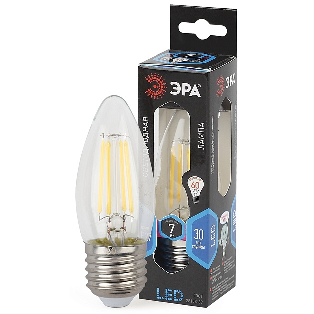 Лампа светодиодная филаментная ЭРА E27 7W 4000K прозрачная F-LED B35-7W-840-E27 Б0027951 фото 2