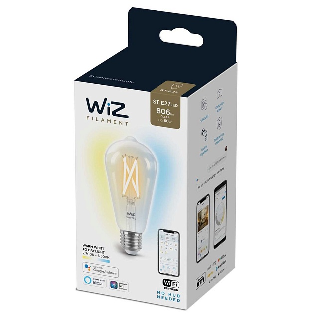 Лампа светодиодная филаментная диммируемая WiZ E27 7W 2700-6500K прозрачная Wi-Fi BLE60WST64E27927-65CL1PF/6 929003018601 фото 4