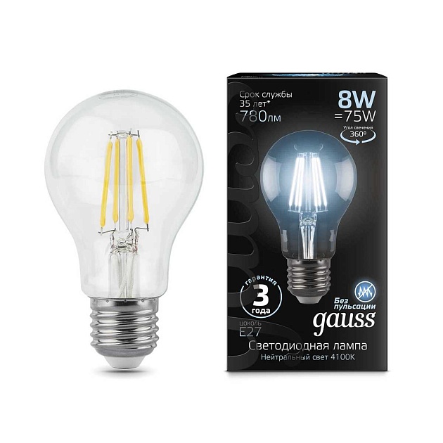 Лампа светодиодная филаментная Gauss E27 8W 4100К прозрачная 102802208 Фото № 3