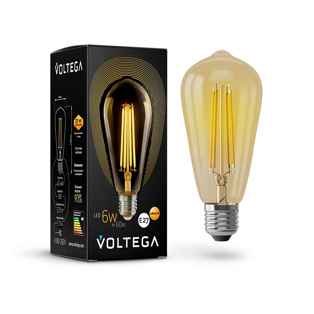 Лампа светодиодная филаментная Voltega E27 6W 2800К золотая VG10-ST64Gwarm6W 5526 изображение 1 Лампа светодиодная филаментная Voltega E27 6W 2800К золотая VG10-ST64Gwarm6W 5526 Фото № 1