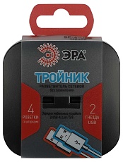 Разветвитель электрический ЭРА SP-4-USB-B на 4 розетки + 2xUSB 2400mA без заземления 10А черный Б0049536 2
