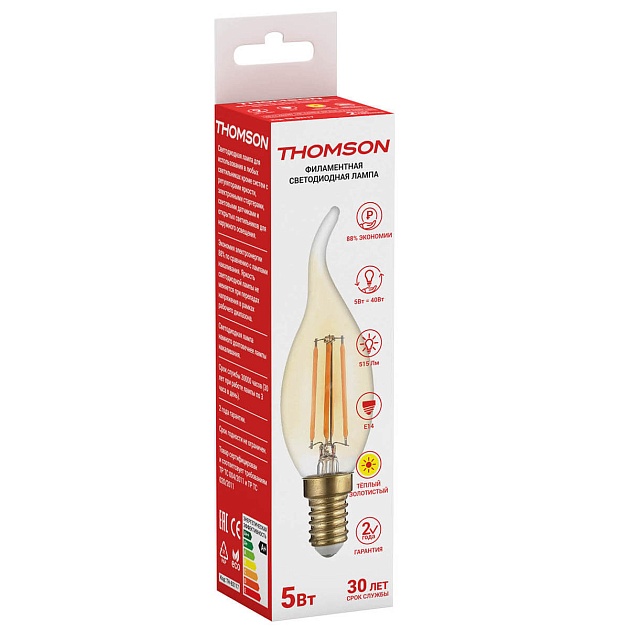 Лампа светодиодная филаментная Thomson E14 5W 2400K свеча на ветру прозрачная TH-B2117 фото 2