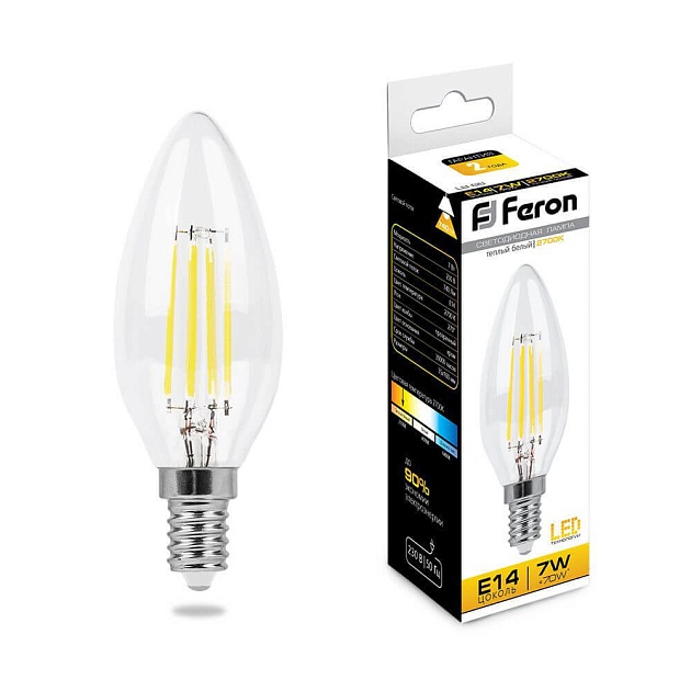 Лампа светодиодная филаментная Feron E14 7W 2700K Свеча Прозрачная LB-66 25726 фото 