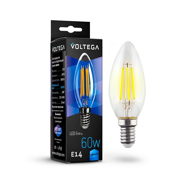 Лампа светодиодная филаментная Voltega E14 6W 4000К прозрачная VG10-C1E14cold6W-F 7020 фото 
