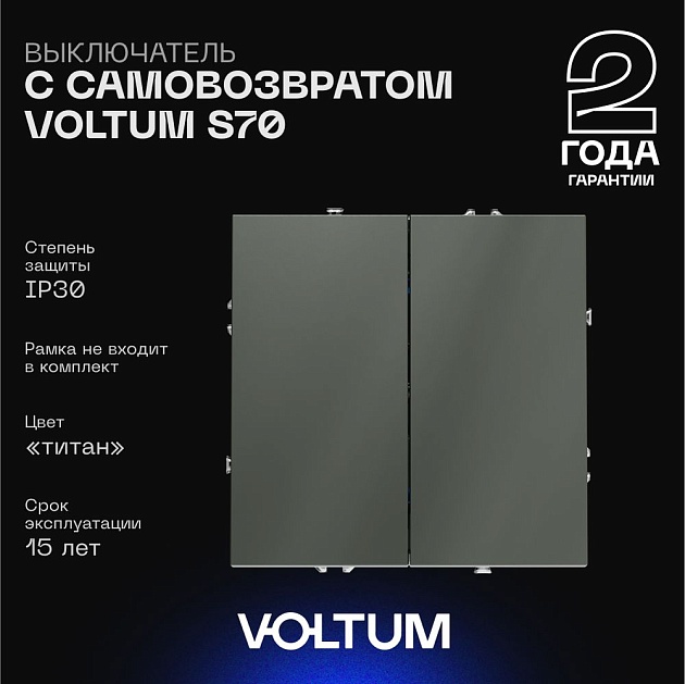 Выключатель с самовозвратом встраиваемый Voltum S70 двухклавишный 10А, (титан) VLS020606 Фото № 1