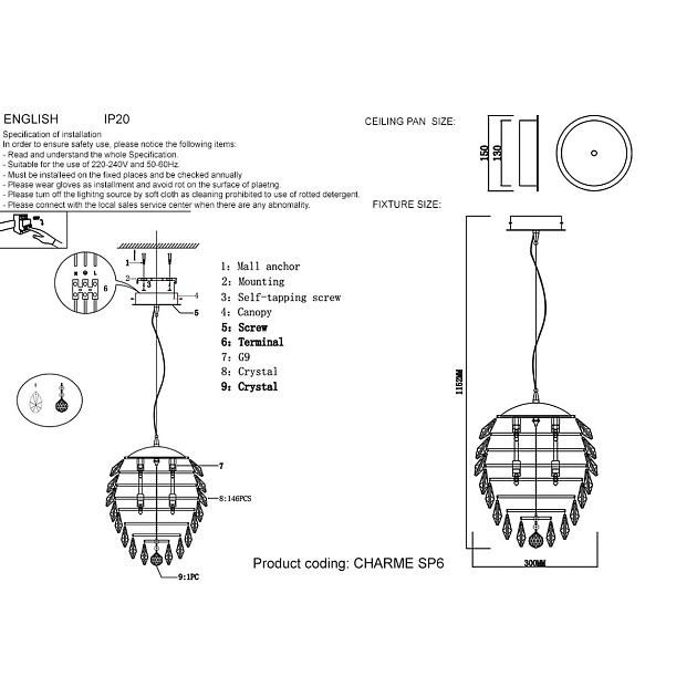 Подвесной светильник Crystal Lux Charme SP6 Chrome/Transparent Фото № 2