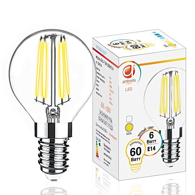 Лампа светодиодная филаментная Ambrella light E14 6W 3000K прозрачная 204214 фото 