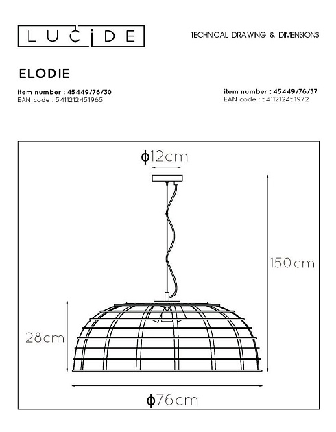 Подвесная люстра Lucide Elodie 45449/76/37 Фото № 2
