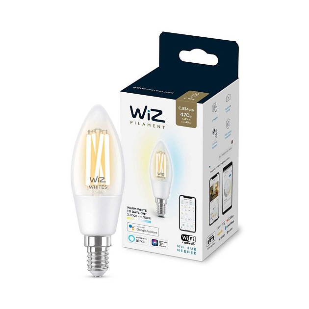 Лампа светодиодная филаментная диммируемая WiZ E14 4,9W 2700-6500K прозрачная Wi-Fi BLE 40W C35 E14927-65CL1PF/6 929003017601 фото 
