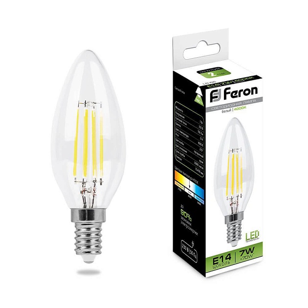 Лампа светодиодная филаментная Feron E14 7W 4000K Свеча Прозрачная LB-66 25780 фото 