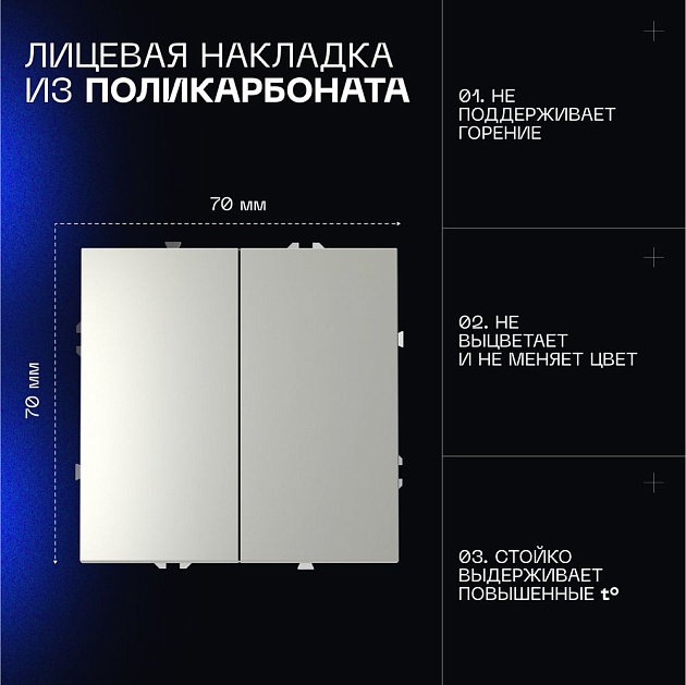 Выключатель встраиваемый Voltum S70 двухклавишный 10А, (сталь) VLS020105 Фото № 6