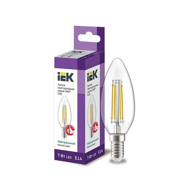 Лампа светодиодная филаментная IEK E14 7W 4000K прозрачная LLF-C35-7-230-40-E14-CL фото 