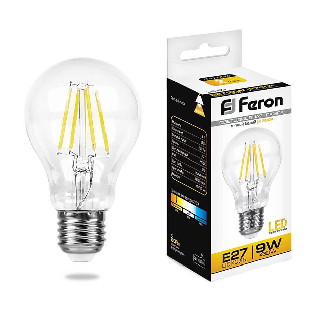 Лампа светодиодная филаментная Feron E27 9W 2700K Шар Прозрачная LB-63 25631 фото 