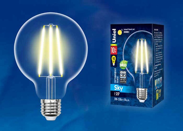 Лампа светодиодная филаментная Uniel E27 10W 3000K прозрачная LED-G95-10W/3000K/E27/CL PLS02WH UL-00004862 фото 2