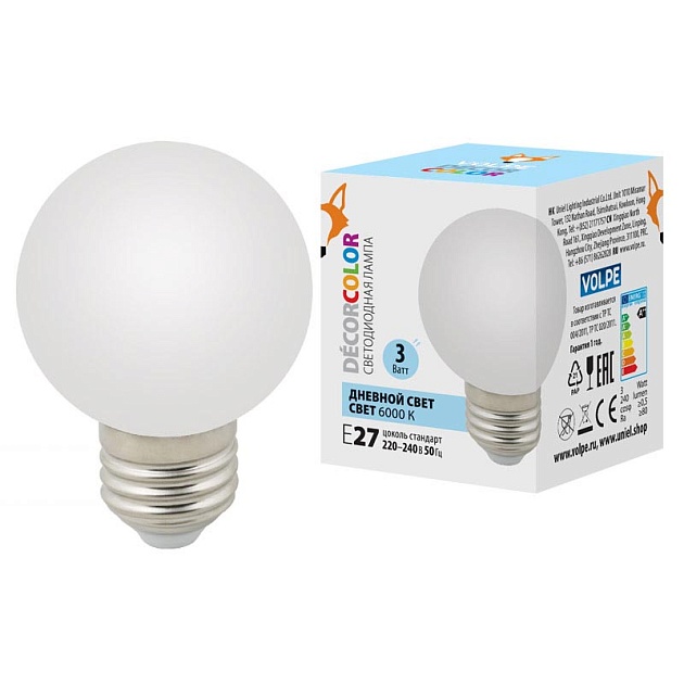 Лампа светодиодная Volpe E27 3W 6000K матовая LED-G60-3W/6000K/E27/FR/С UL-00006956 фото 
