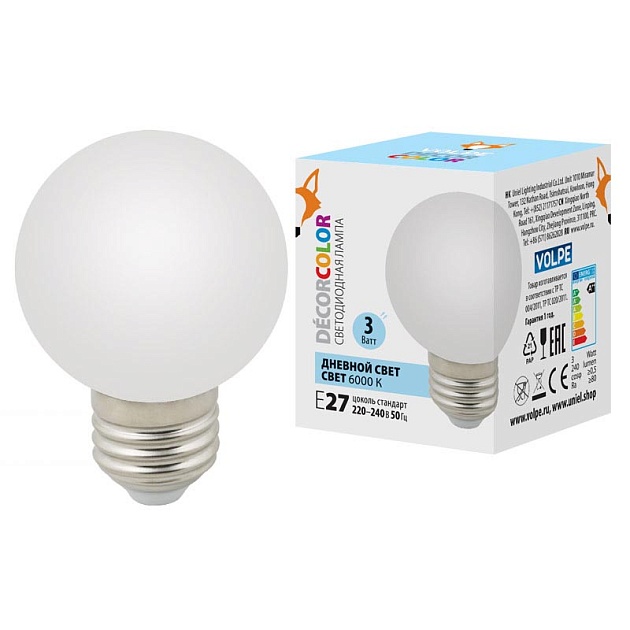 Лампа светодиодная Volpe E27 3W 6000K матовая LED-G60-3W/6000K/E27/FR/С UL-00006956 Фото № 1