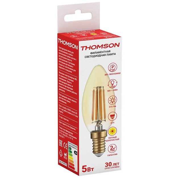 Лампа светодиодная филаментная Thomson E14 5W 2700K свеча прозрачная TH-B2065 фото 2